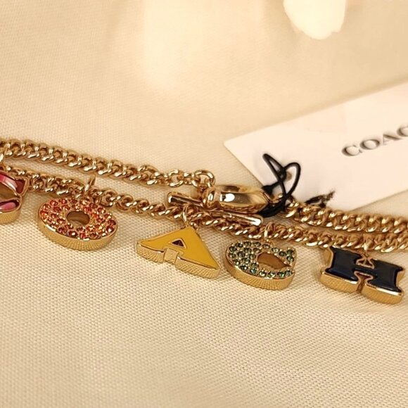COACH Bracelet Signature Charm Pave Crystal Enamel Colorful Gold Tone NEW - Picture 10 of 12